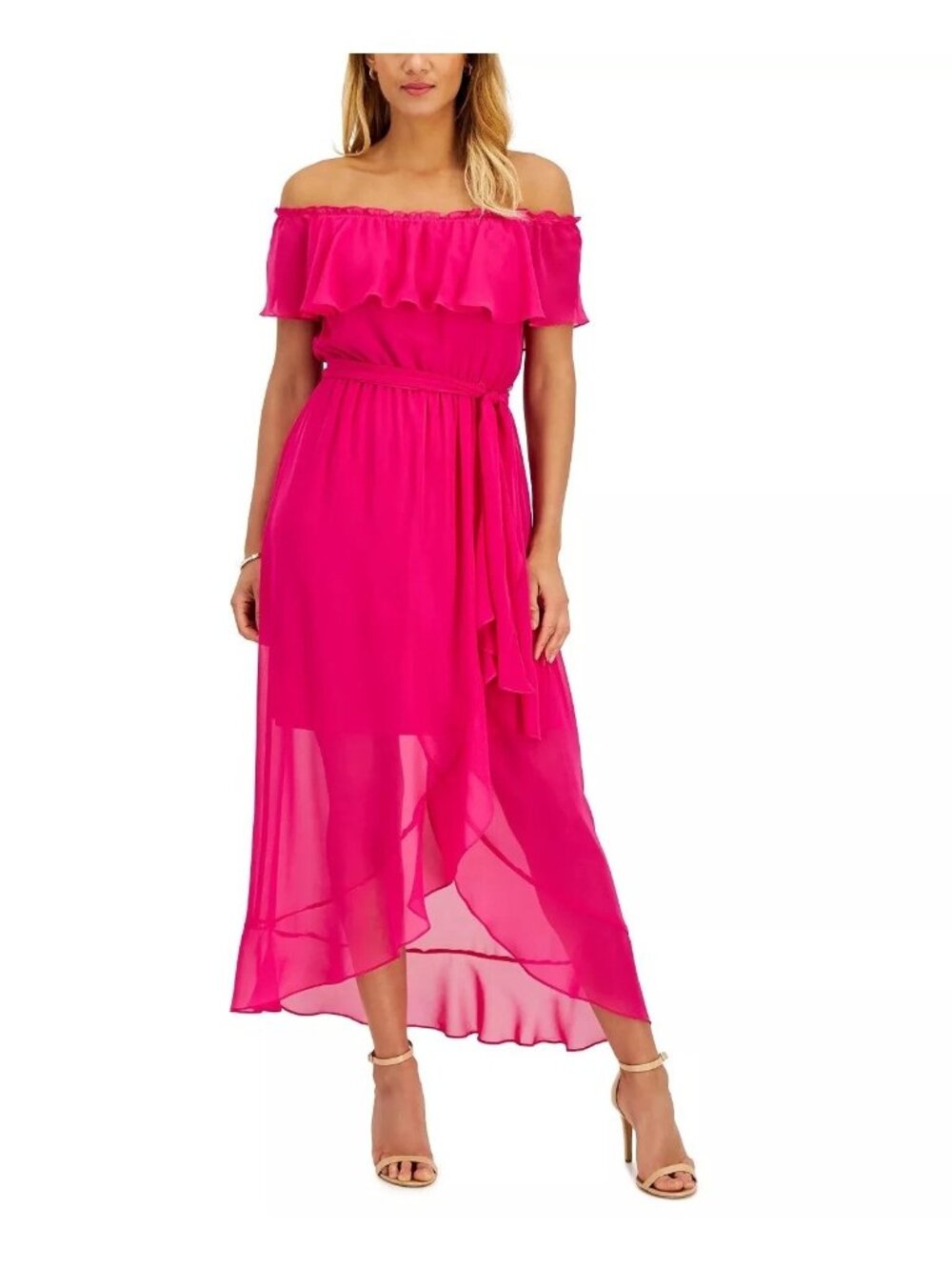 SLNY Women Ruffled Sheer Lined Tie Waist Off Shoulder Maxi Dress Pink Size 6 NWT